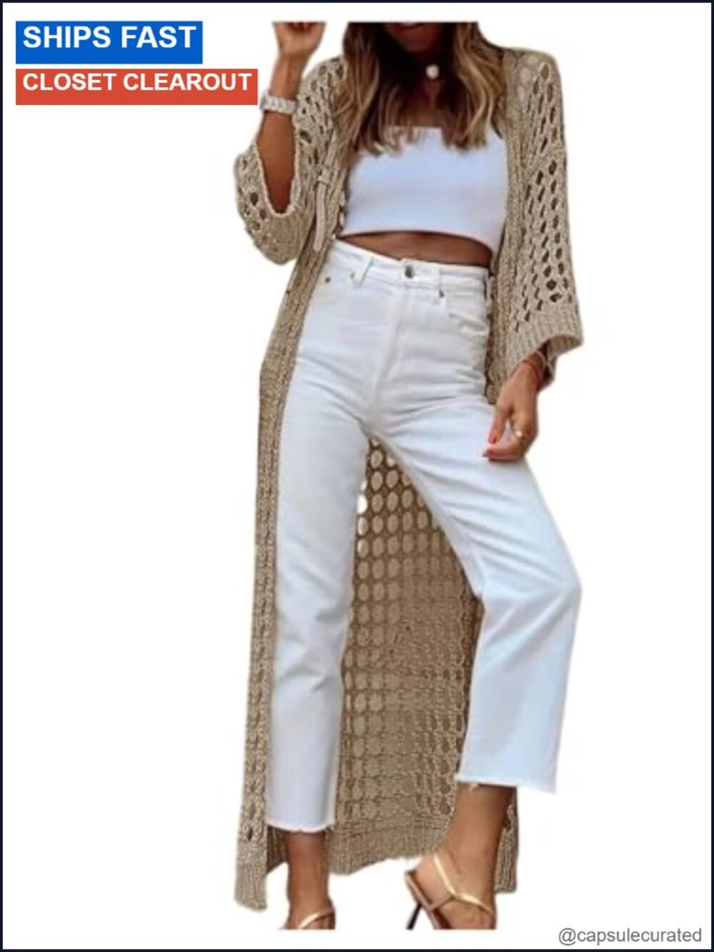 Hollow Out Crochet Long Cardigan Open Front Drop Shoulder Sweater